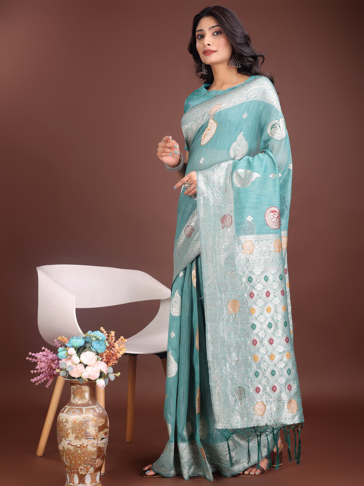 Sea Green Colour Linen Cotton Saree Printed Work With Blouse Piece