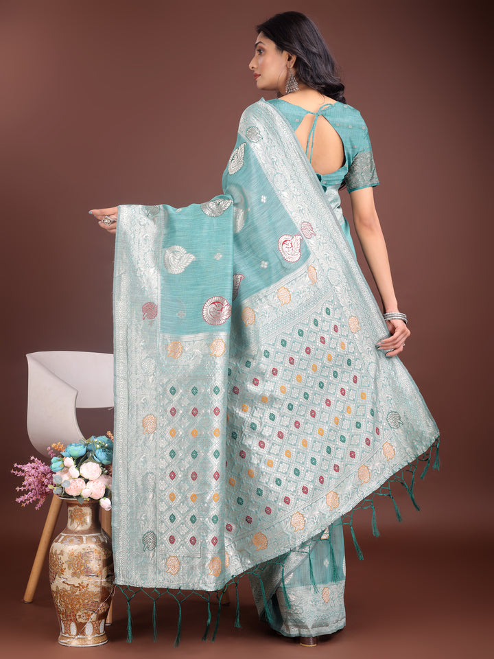 Sea Green Colour Linen Cotton Saree Printed Work With Blouse Piece