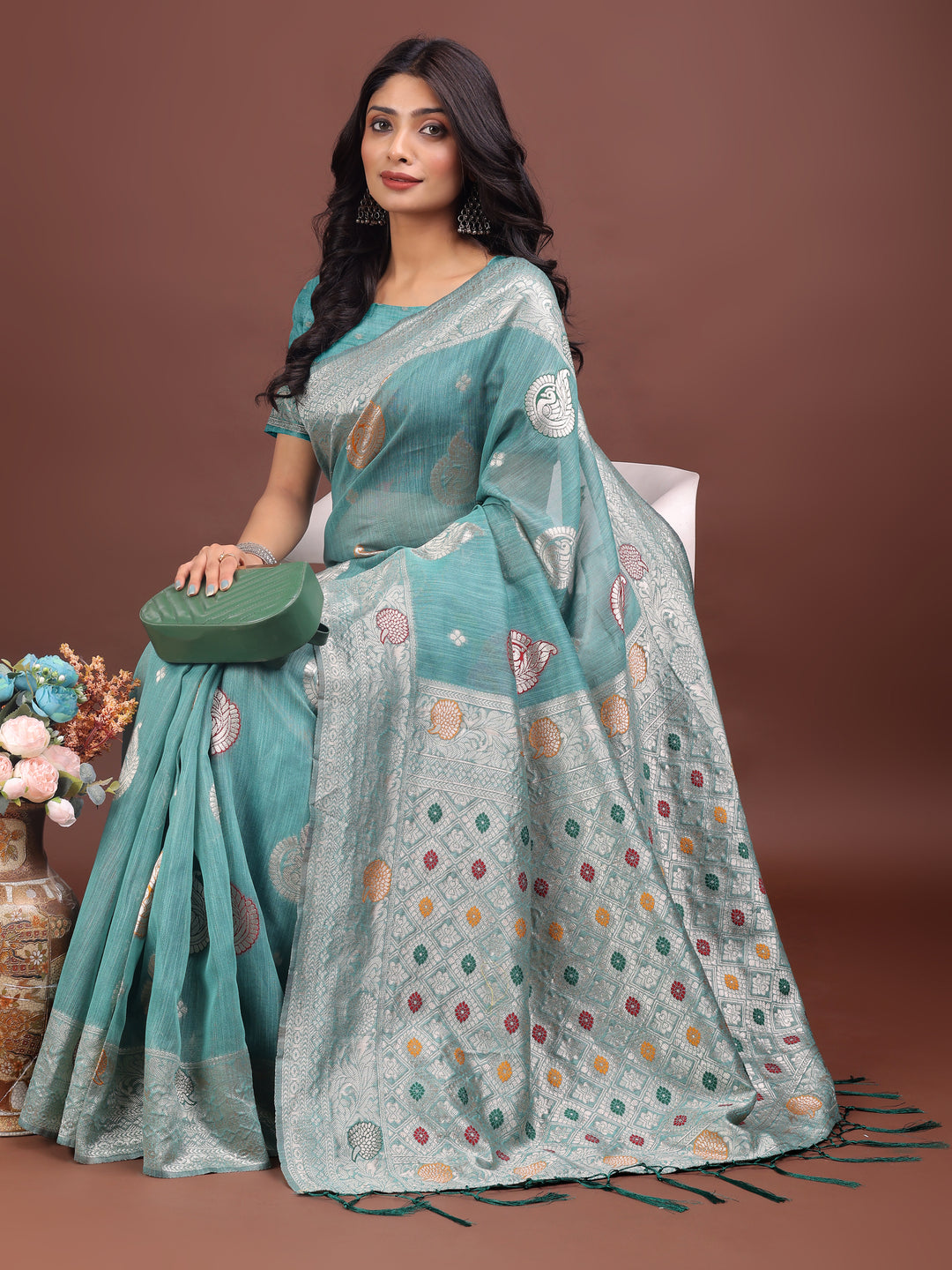 Sea Green Colour Linen Cotton Saree Printed Work With Blouse Piece