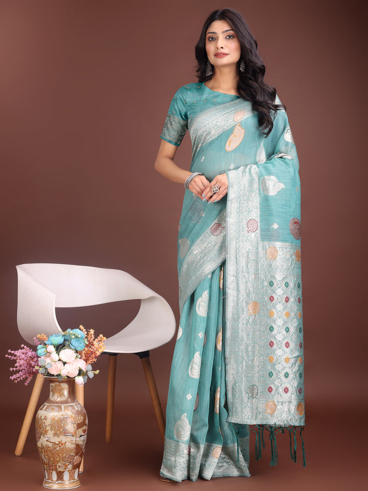 Sea Green Colour Linen Cotton Saree Printed Work With Blouse Piece