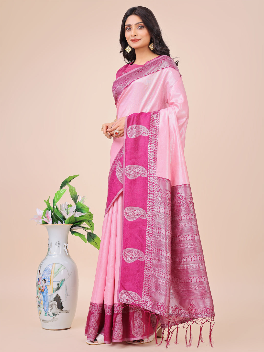 Light Pink Colour Lichi Silk Saree Weaving work With Blouse Piece
