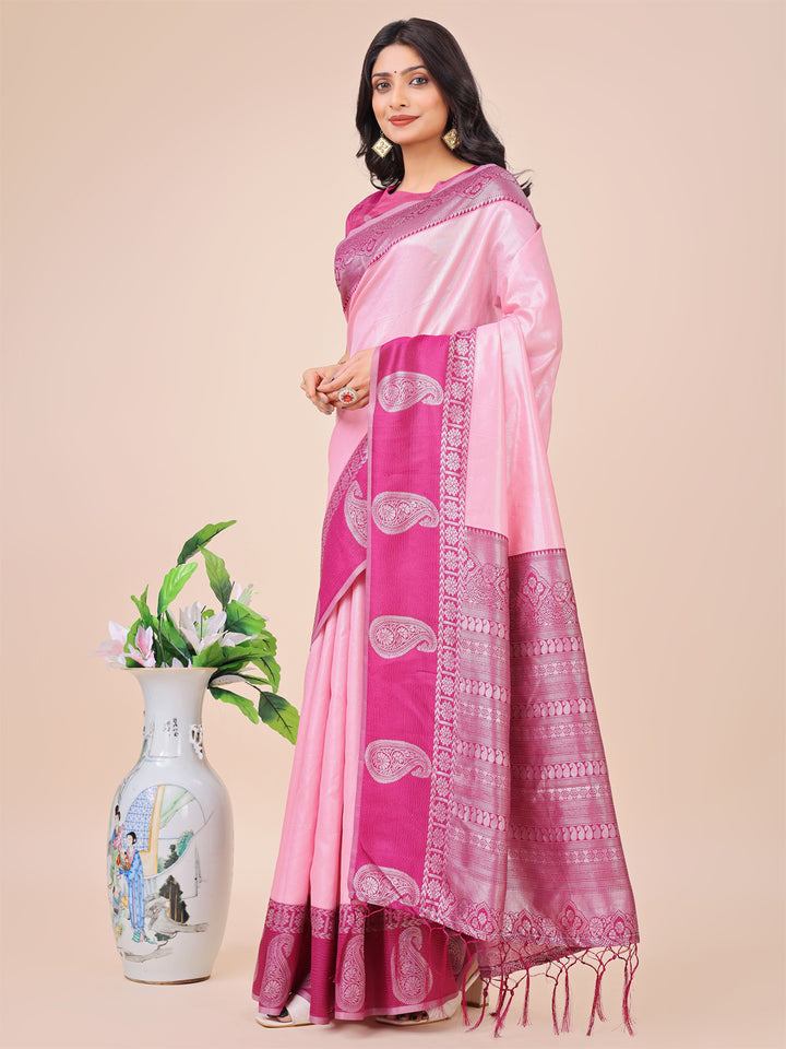 Light Pink Colour Lichi Silk Saree Weaving work With Blouse Piece