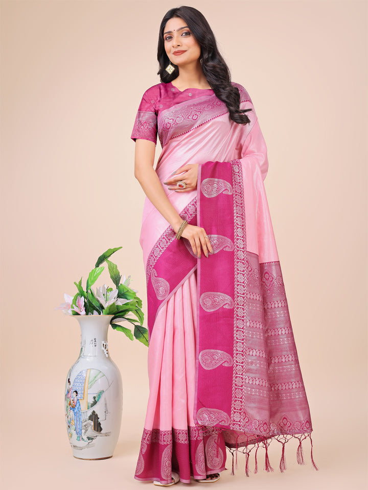 Light Pink Colour Lichi Silk Saree Weaving work With Blouse Piece