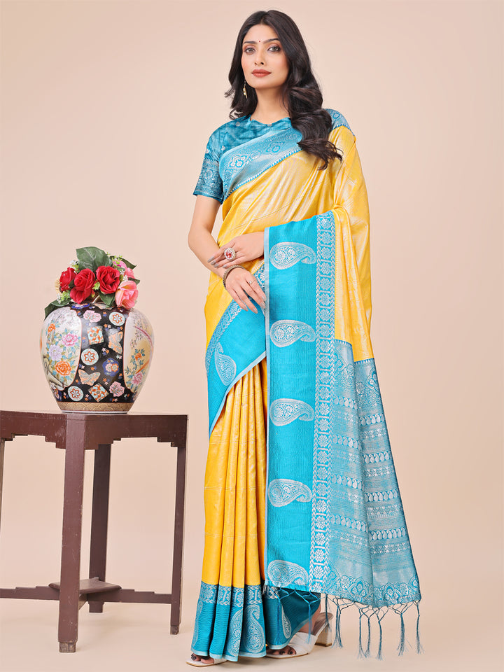 Yellow Colour Lichi Silk Saree Weaving work With Blouse Piece