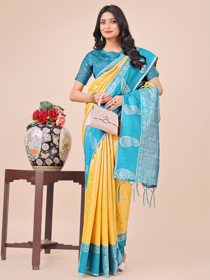 Yellow Colour Lichi Silk Saree Weaving work With Blouse Piece