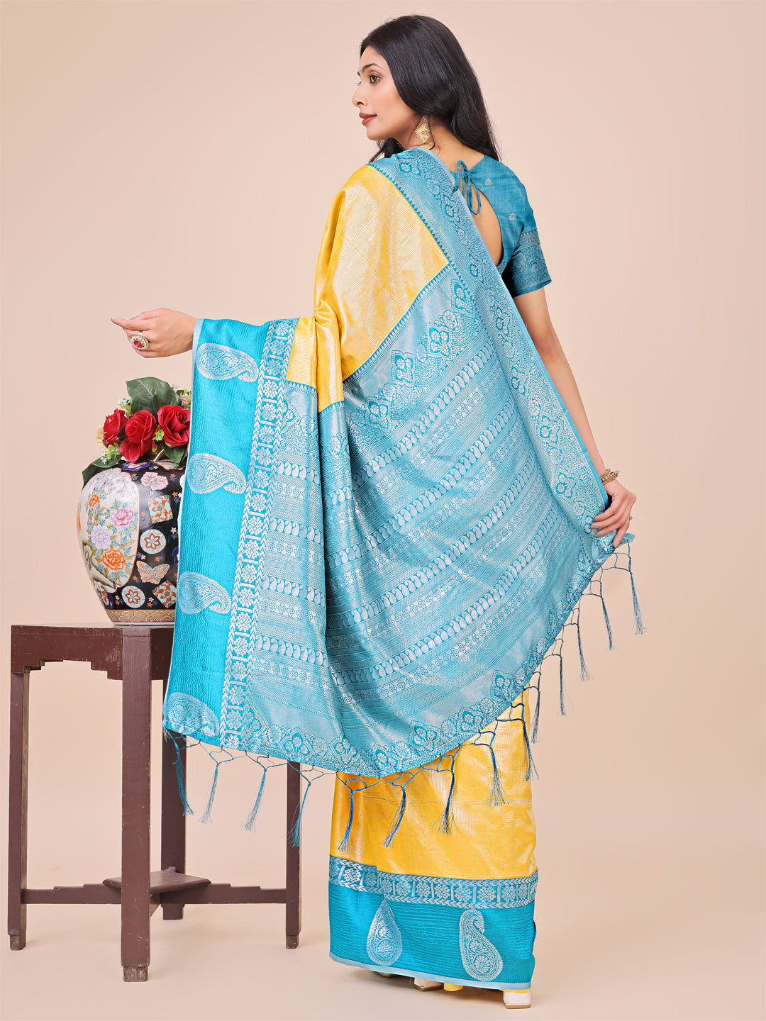Yellow Colour Lichi Silk Saree Weaving work With Blouse Piece
