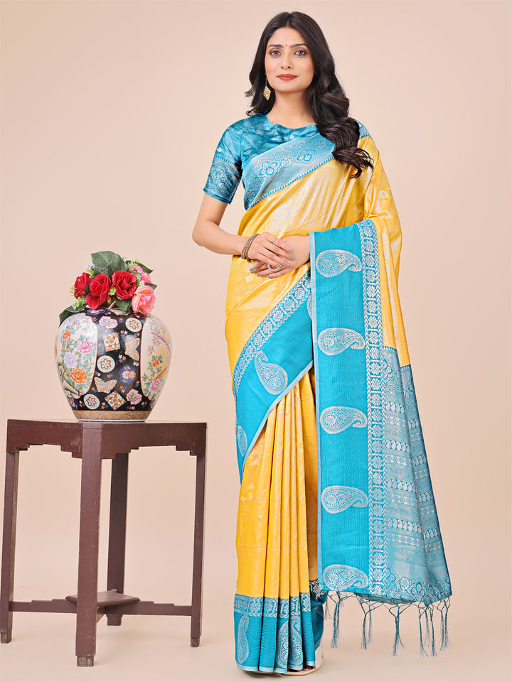 Yellow Colour Lichi Silk Saree Weaving work With Blouse Piece