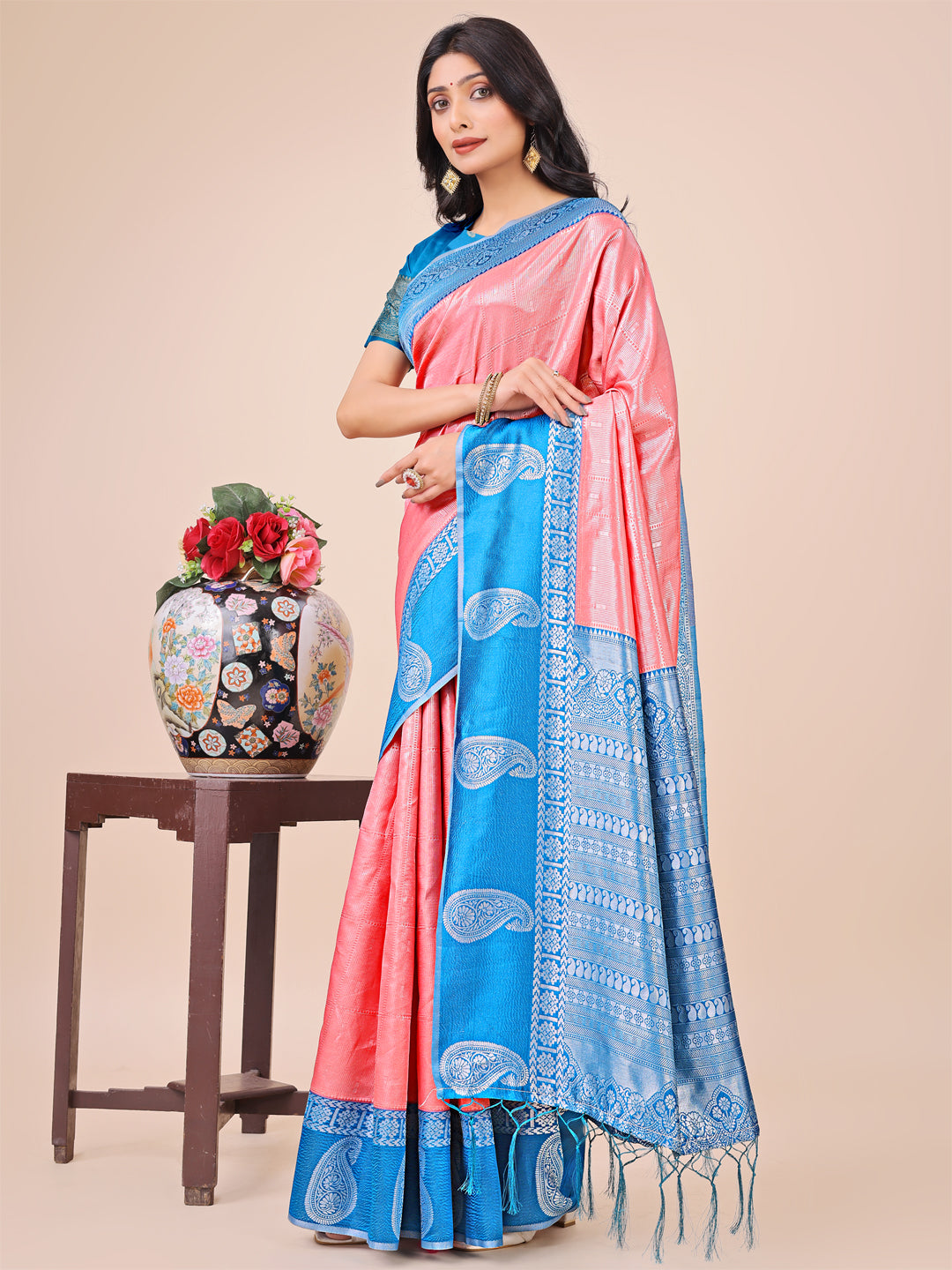 Peach Colour Lichi Silk Saree Weaving work With Blouse Piece