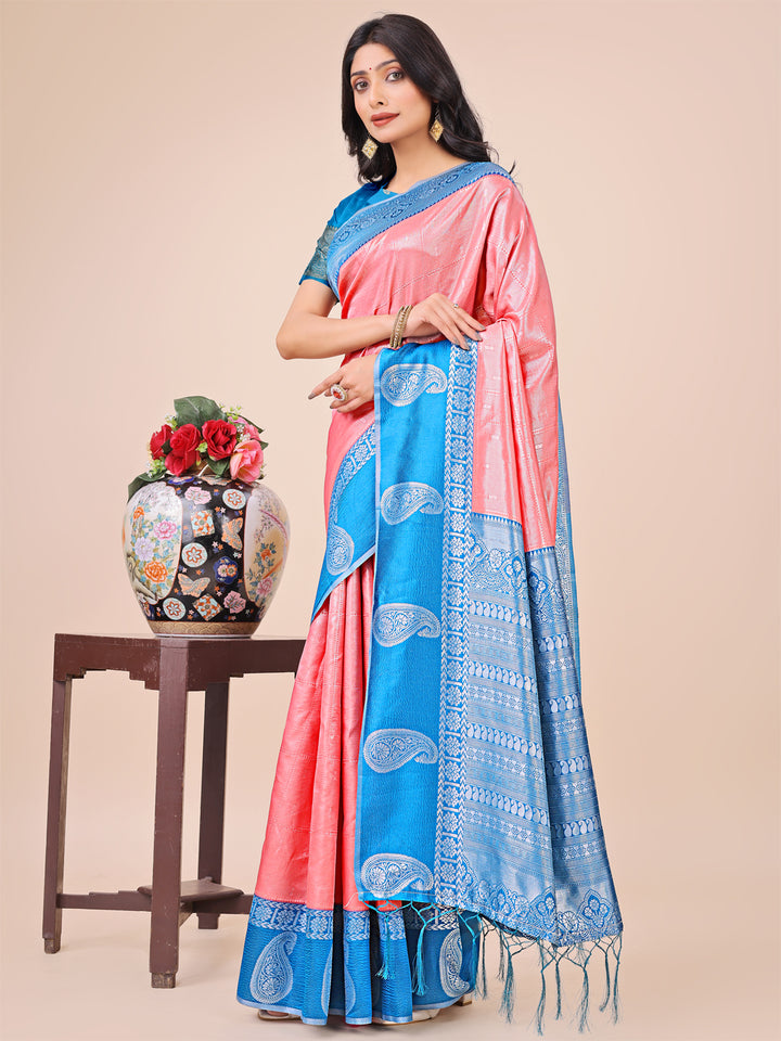 Peach Colour Lichi Silk Saree Weaving work With Blouse Piece