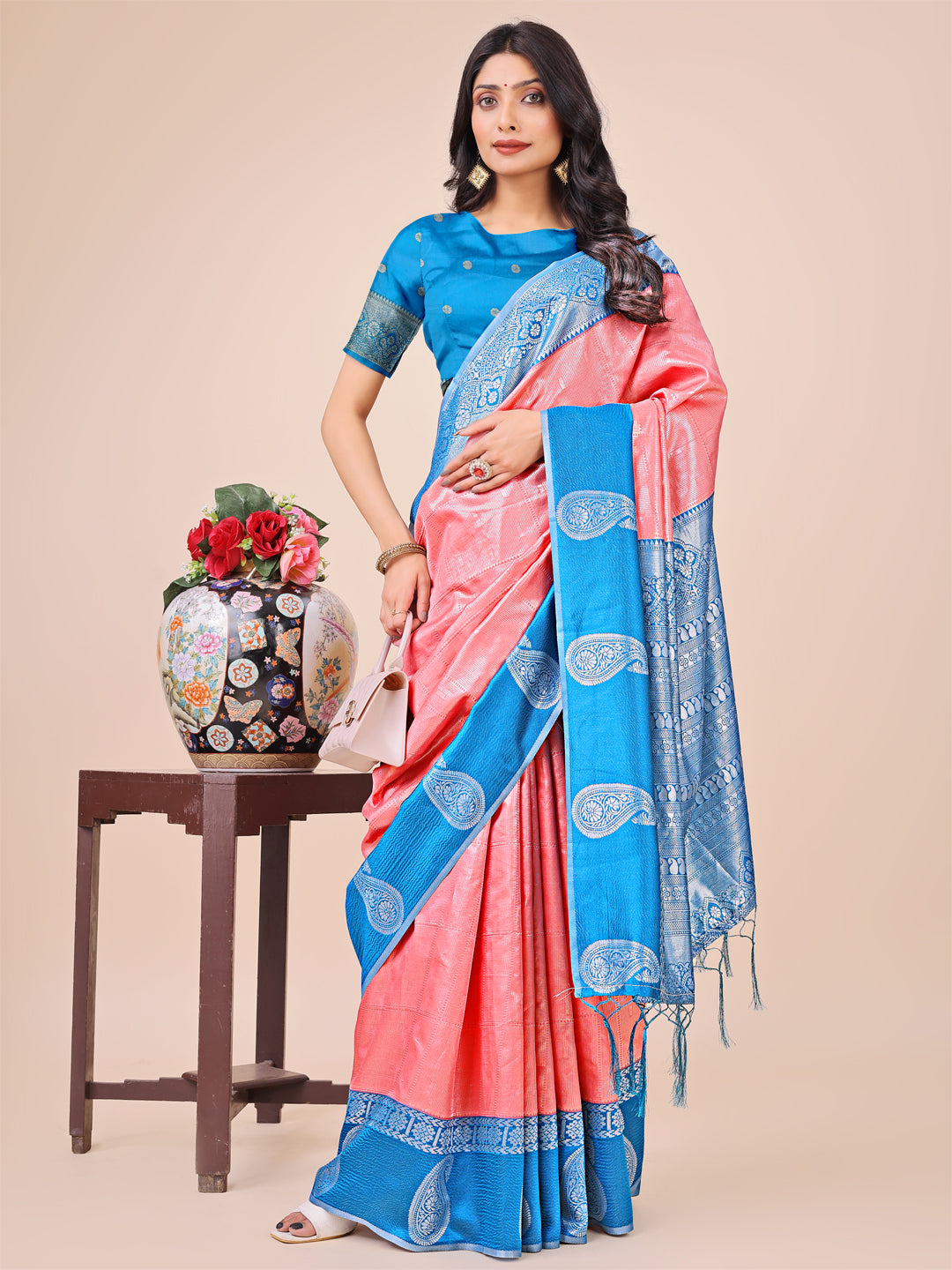 Peach Colour Lichi Silk Saree Weaving work With Blouse Piece