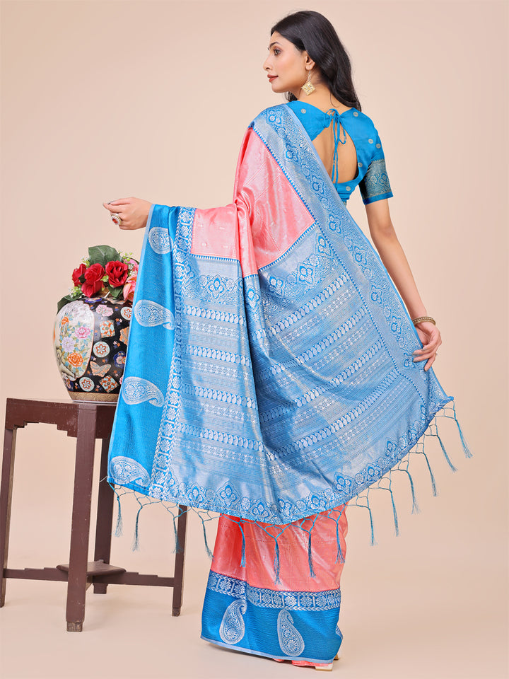 Peach Colour Lichi Silk Saree Weaving work With Blouse Piece