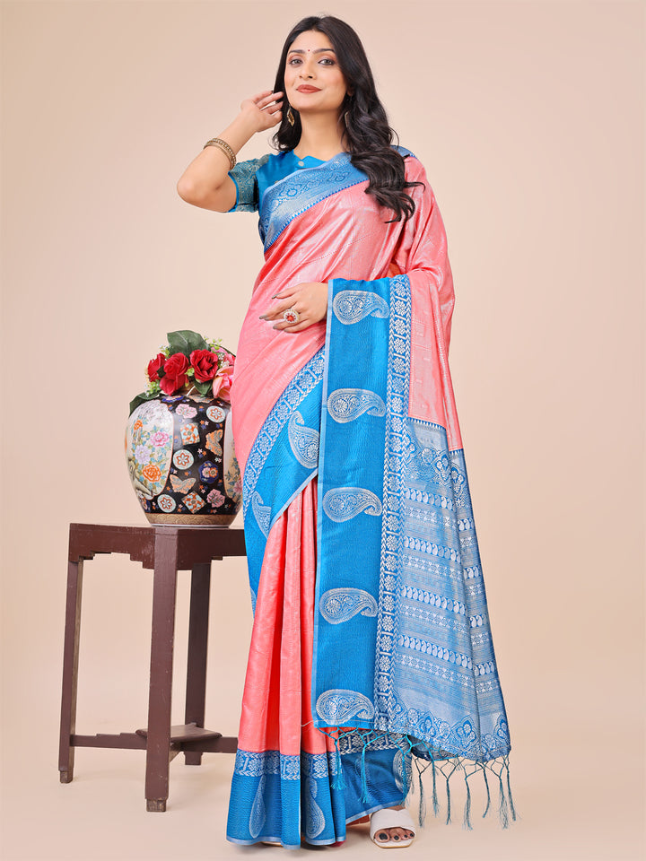 Peach Colour Lichi Silk Saree Weaving work With Blouse Piece