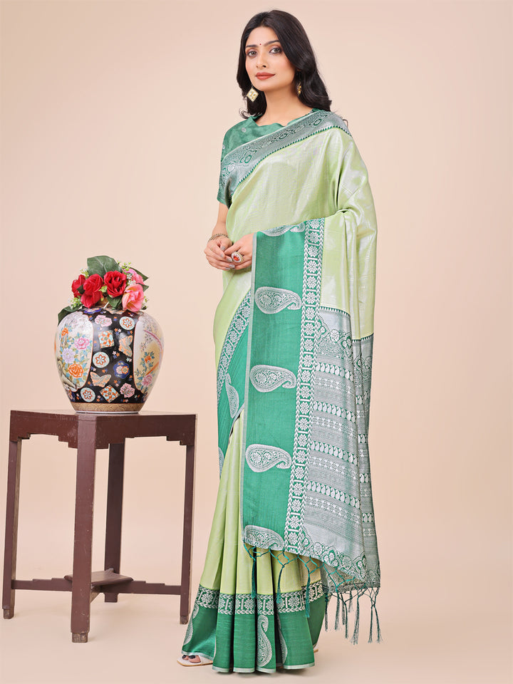 Light Green Colour Lichi Silk Saree Weaving work With Blouse Piece