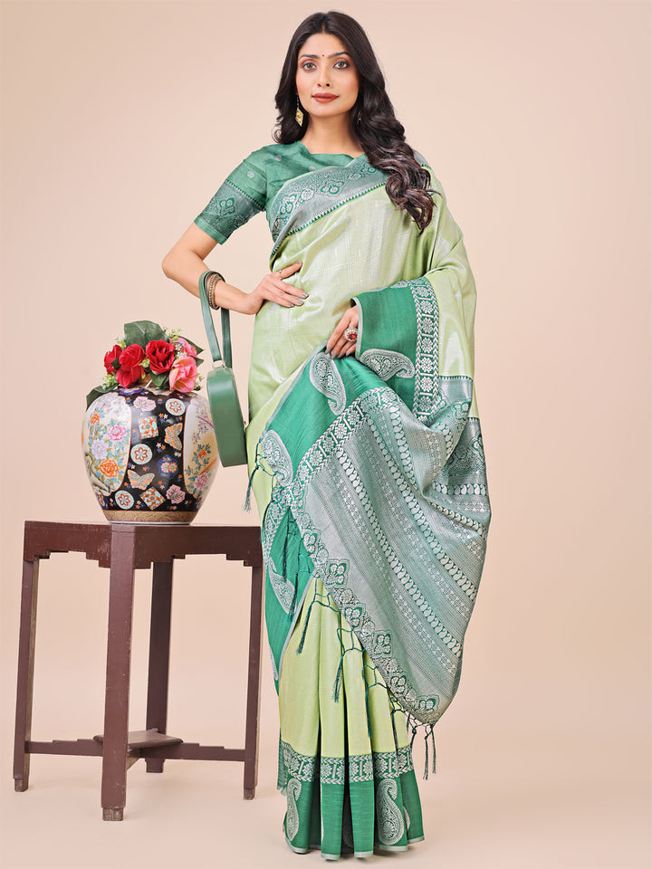 Light Green Colour Lichi Silk Saree Weaving work With Blouse Piece