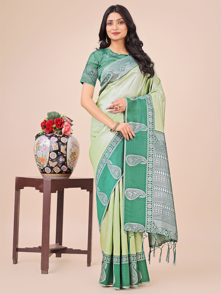 Light Green Colour Lichi Silk Saree Weaving work With Blouse Piece