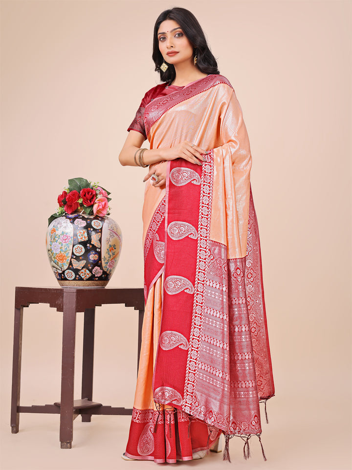 Peach Colour Lichi Silk Saree Weaving work With Blouse Piece
