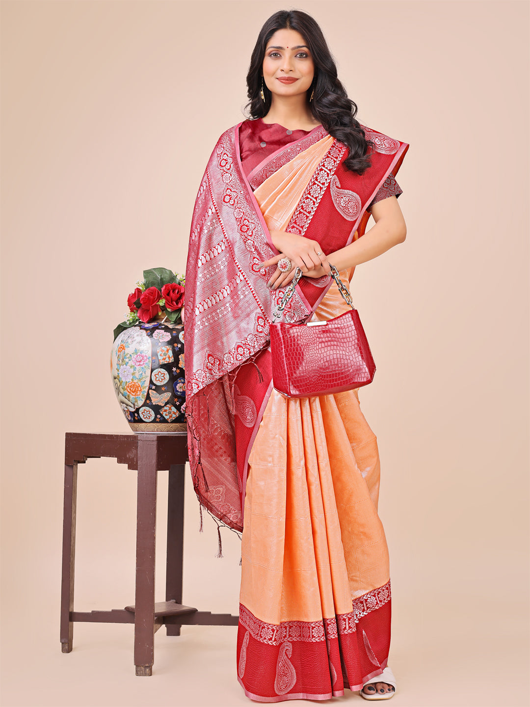 Peach Colour Lichi Silk Saree Weaving work With Blouse Piece