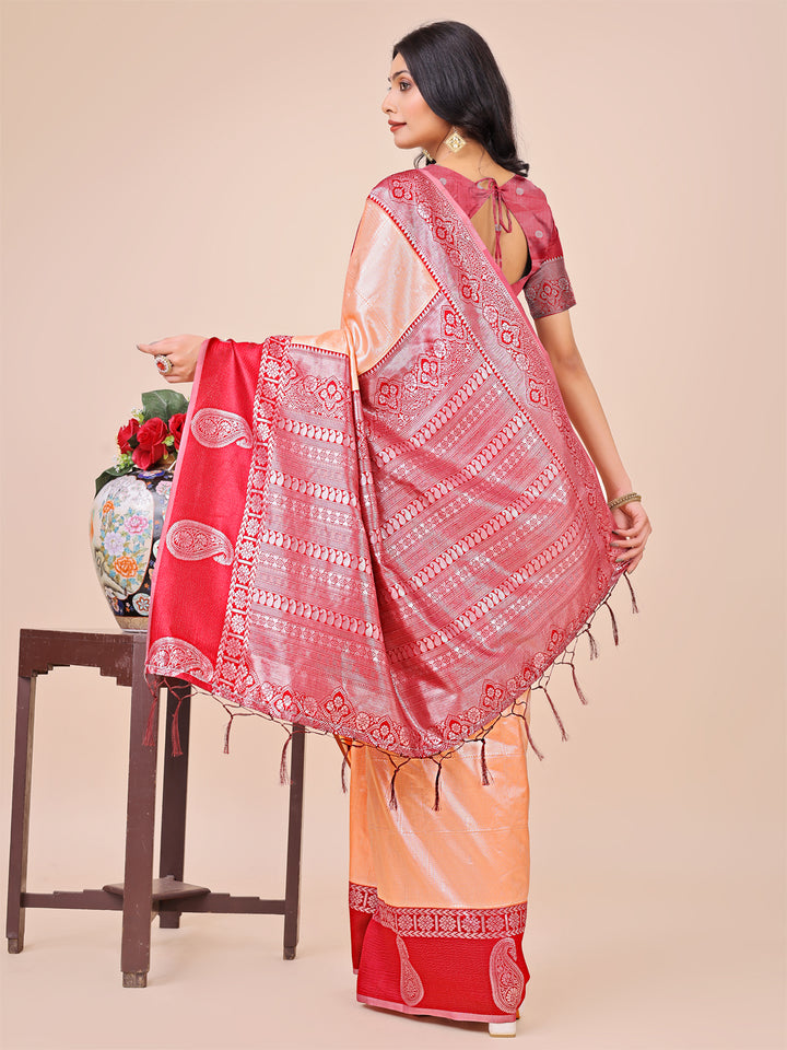 Peach Colour Lichi Silk Saree Weaving work With Blouse Piece