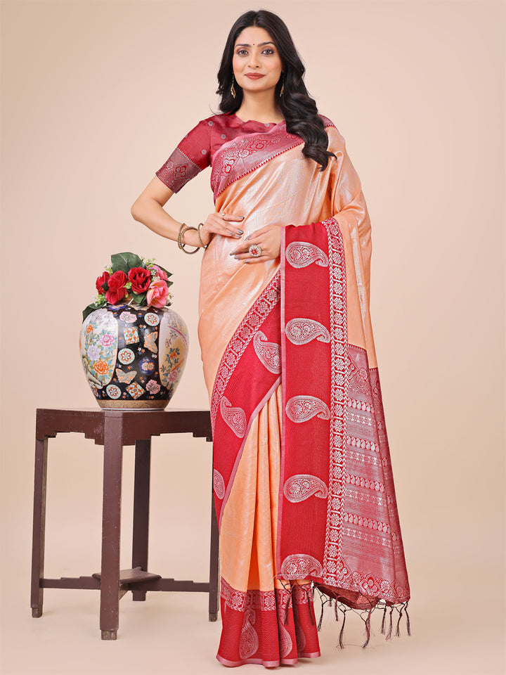 Peach Colour Lichi Silk Saree Weaving work With Blouse Piece