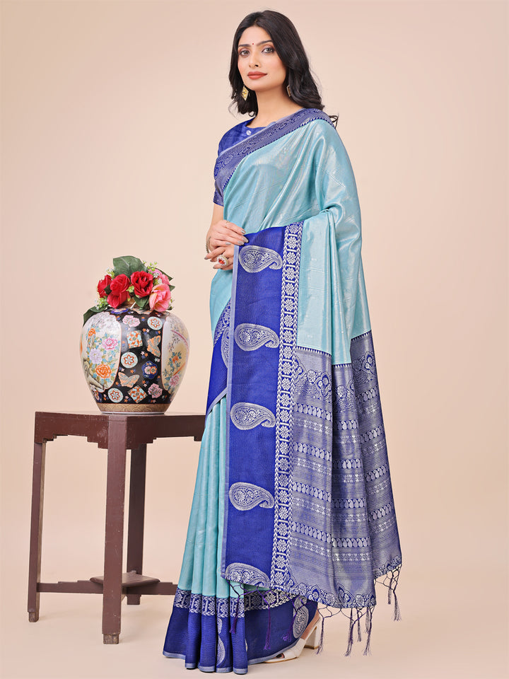Teal Colour Lichi Silk Saree Weaving work With Blouse Piece