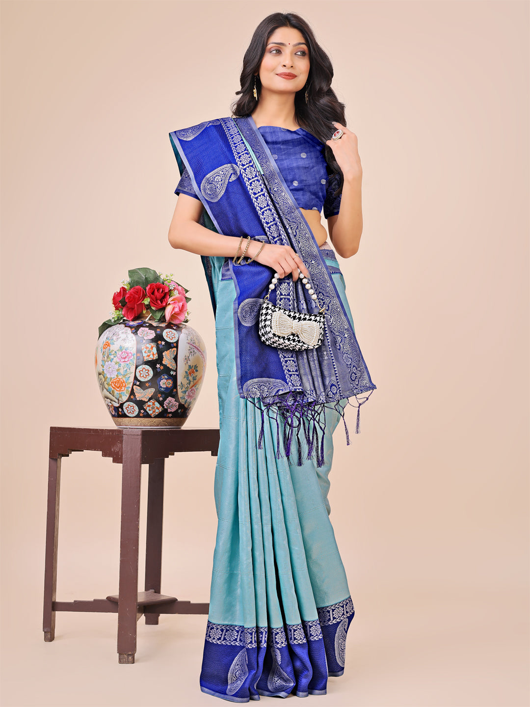 Teal Colour Lichi Silk Saree Weaving work With Blouse Piece