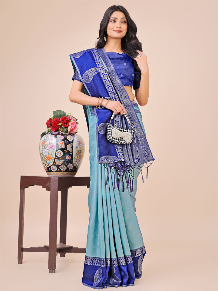 Teal Colour Lichi Silk Saree Weaving work With Blouse Piece