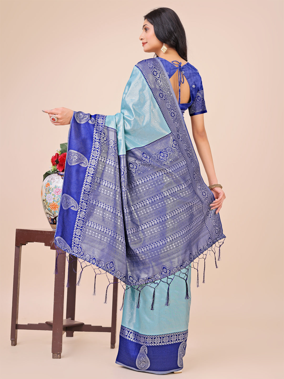 Teal Colour Lichi Silk Saree Weaving work With Blouse Piece