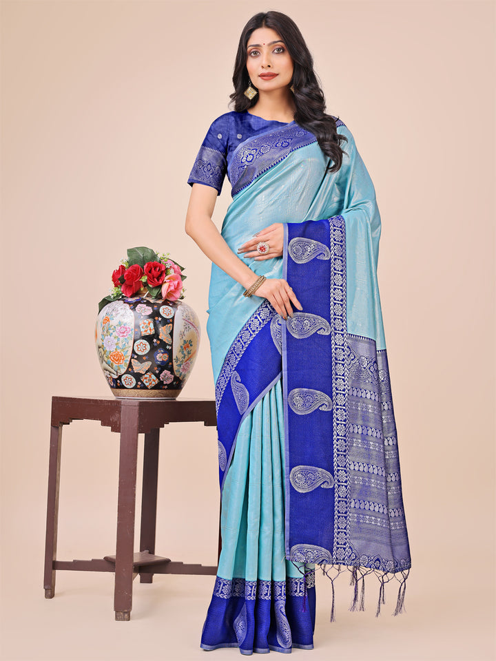 Teal Colour Lichi Silk Saree Weaving work With Blouse Piece