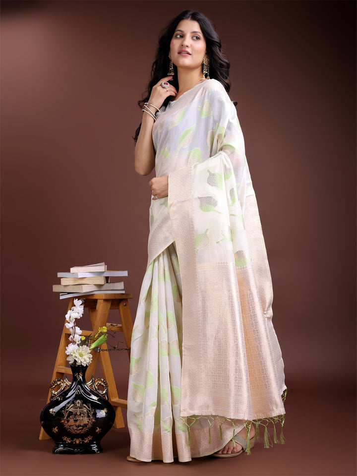 White & Light Green Colour Cotton Saree Printed Work With Blouse Piece