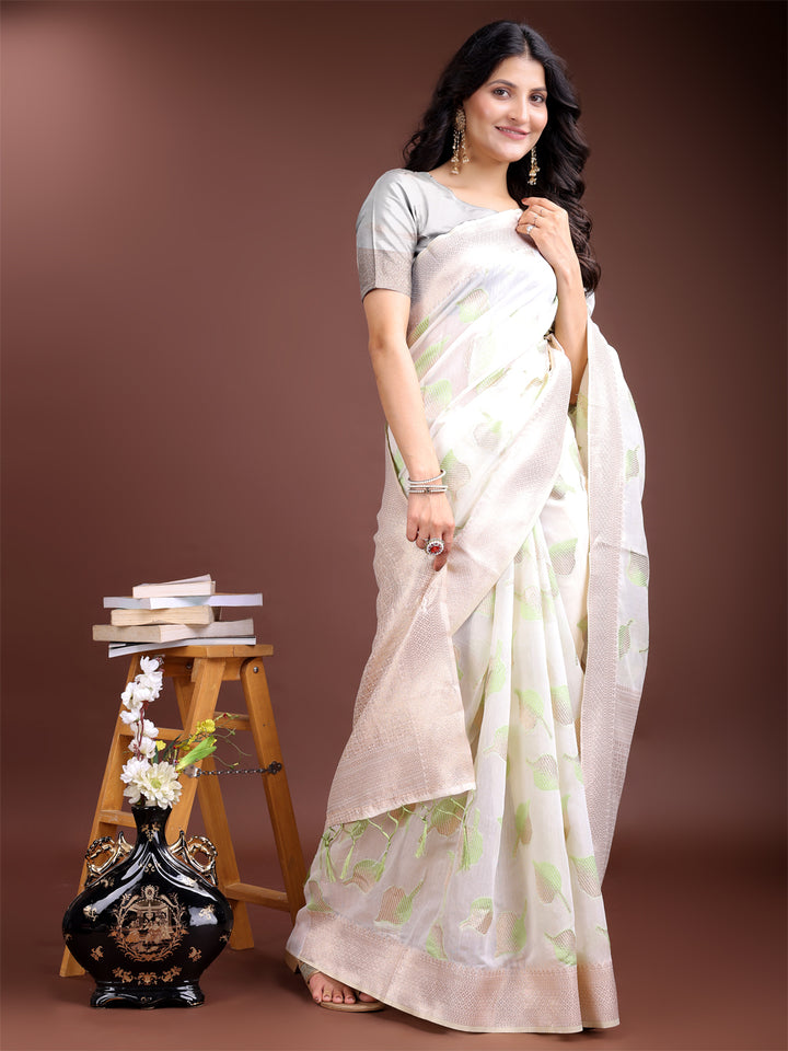White & Light Green Colour Cotton Saree Printed Work With Blouse Piece