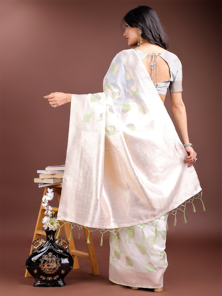 White & Light Green Colour Cotton Saree Printed Work With Blouse Piece