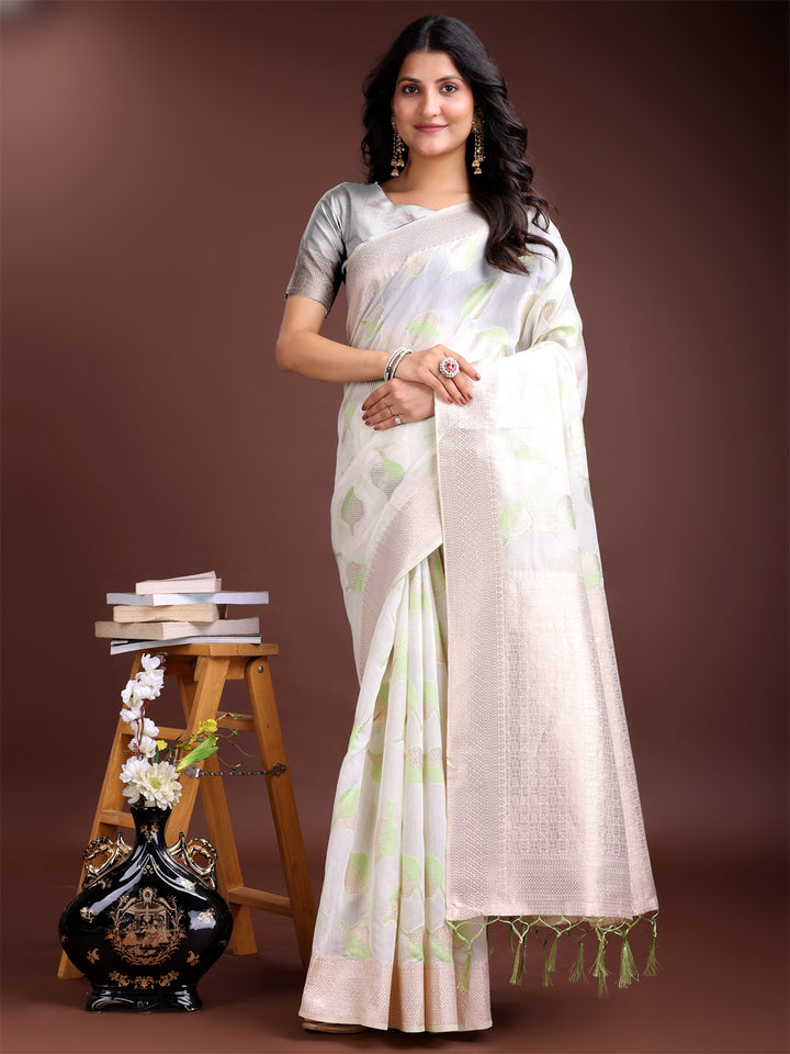 White & Light Green Colour Cotton Saree Printed Work With Blouse Piece