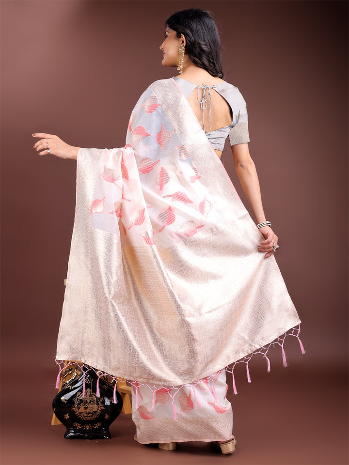 White & Pink Colour Cotton Saree Printed Work With Blouse Piece
