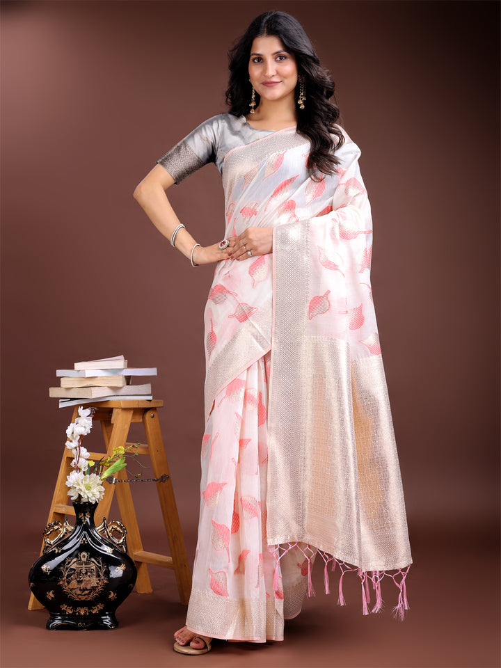 White & Pink Colour Cotton Saree Printed Work With Blouse Piece