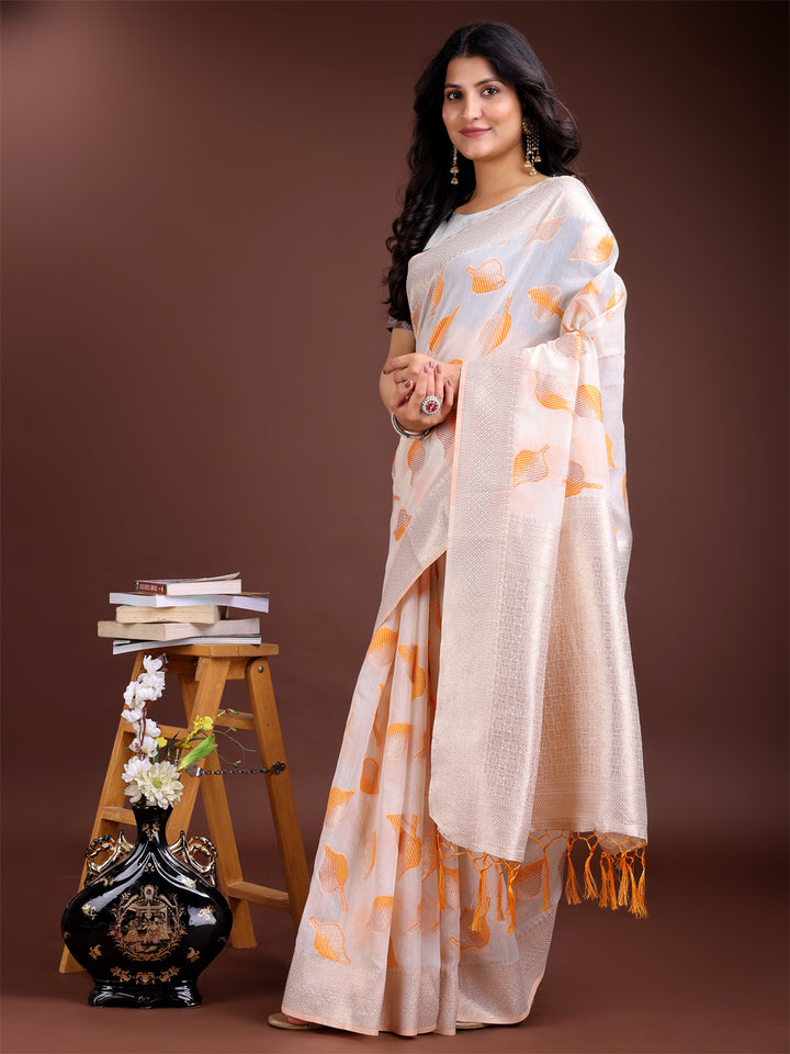 White & Orange Colour Cotton Saree Printed Work With Blouse Piece