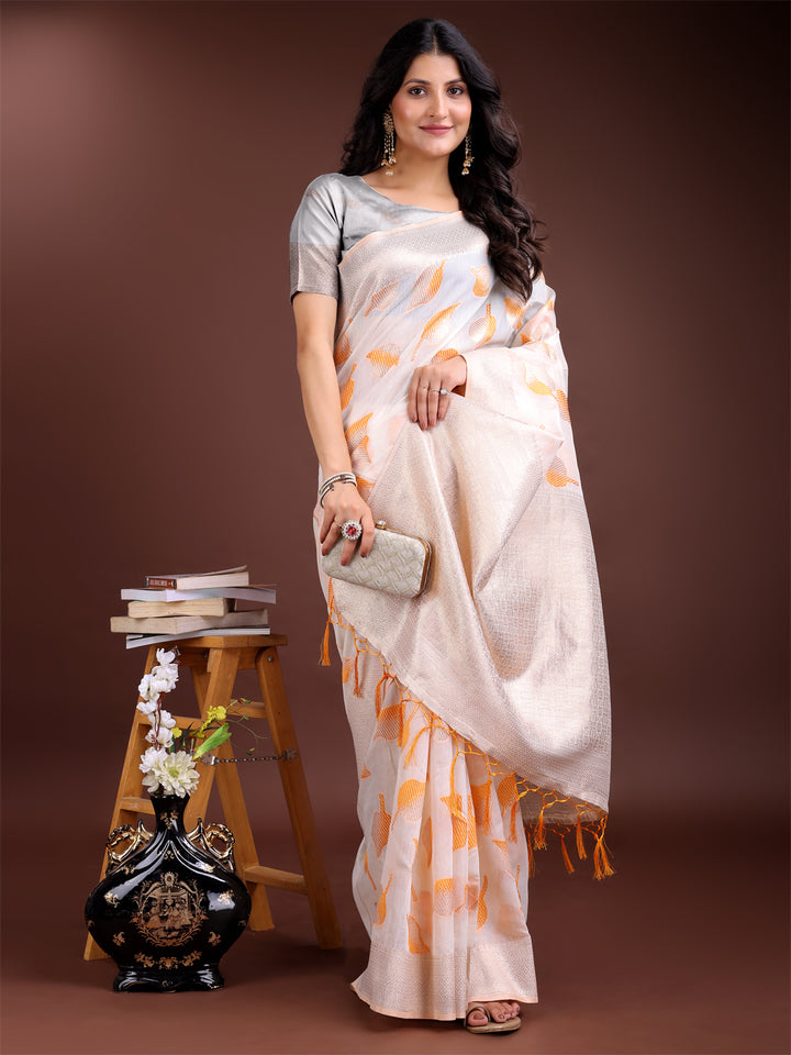 White & Orange Colour Cotton Saree Printed Work With Blouse Piece