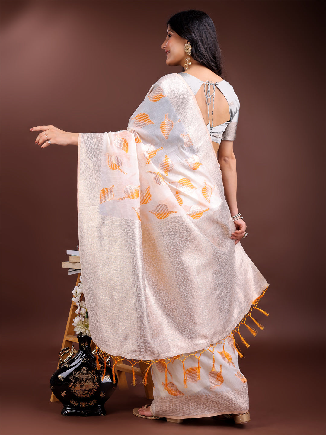 White & Orange Colour Cotton Saree Printed Work With Blouse Piece