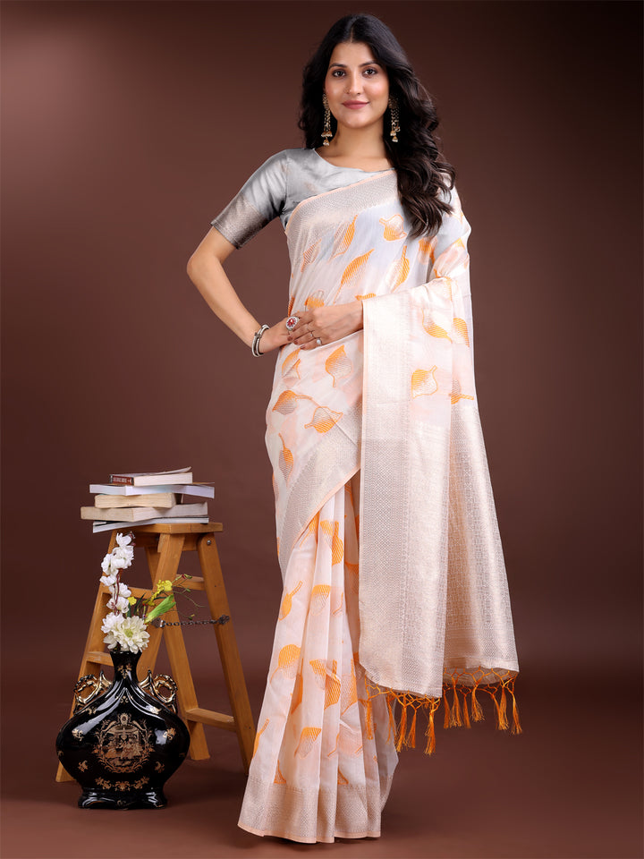 White & Orange Colour Cotton Saree Printed Work With Blouse Piece
