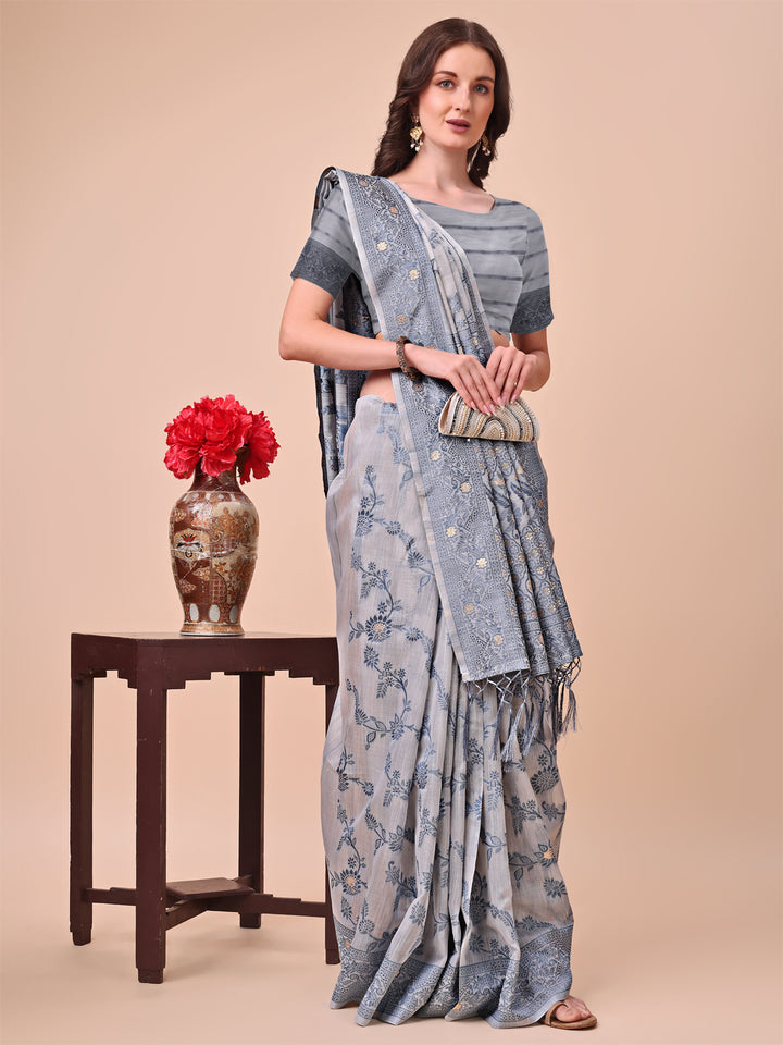 Gray Colour Cotton Printed Saree With Blouse Piece