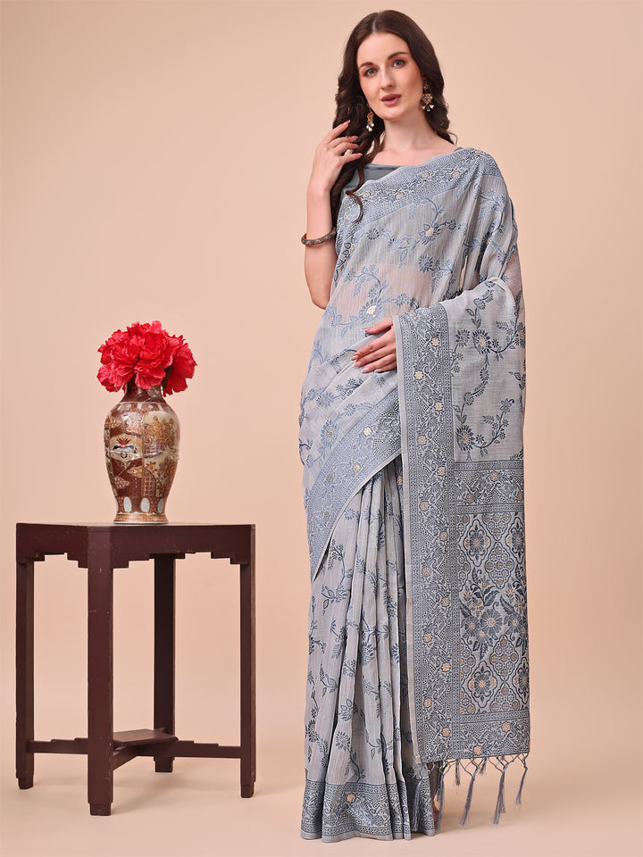 Gray Colour Cotton Printed Saree With Blouse Piece