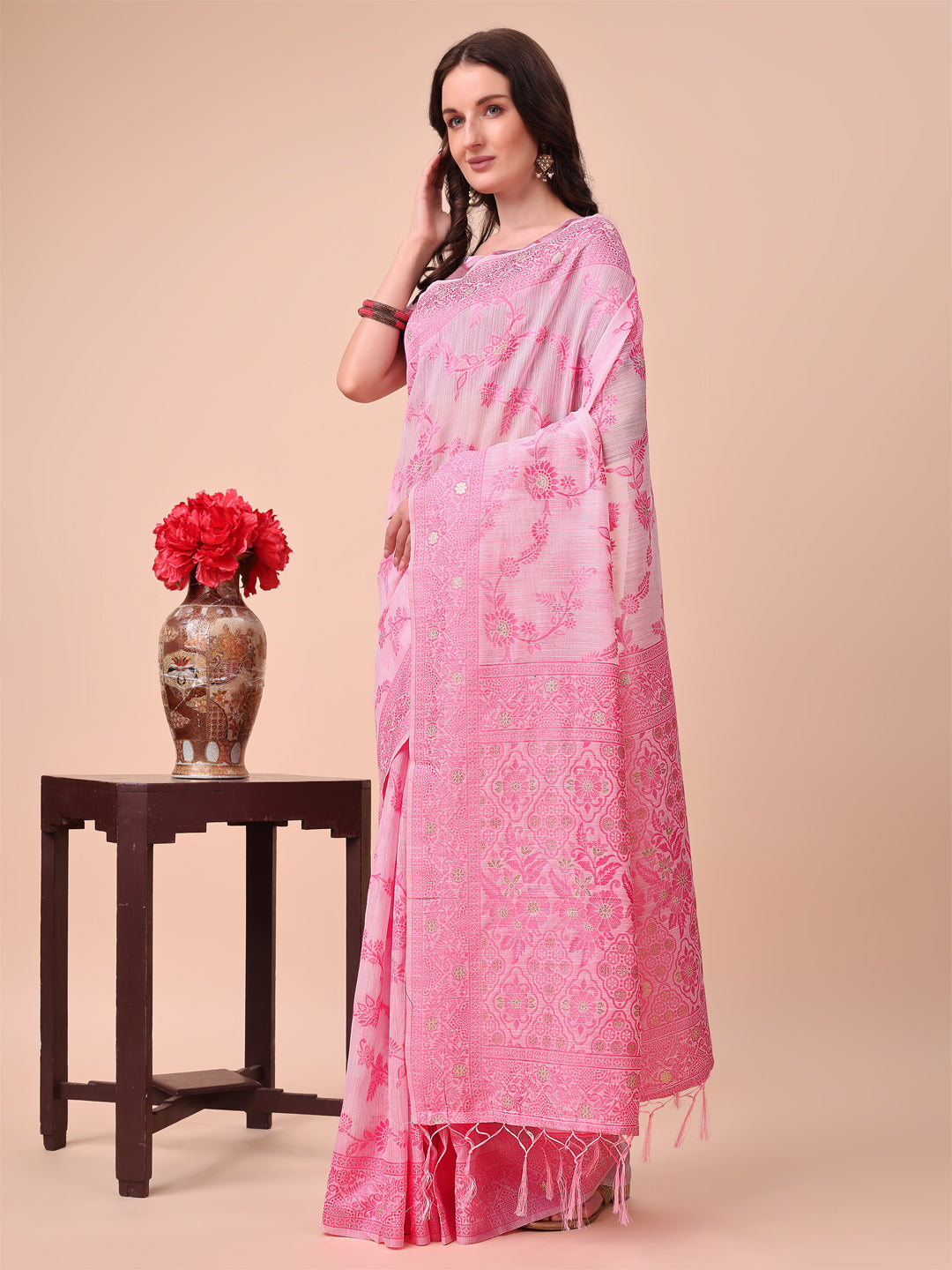 Pink Colour Cotton Printed Saree With Blouse Piece