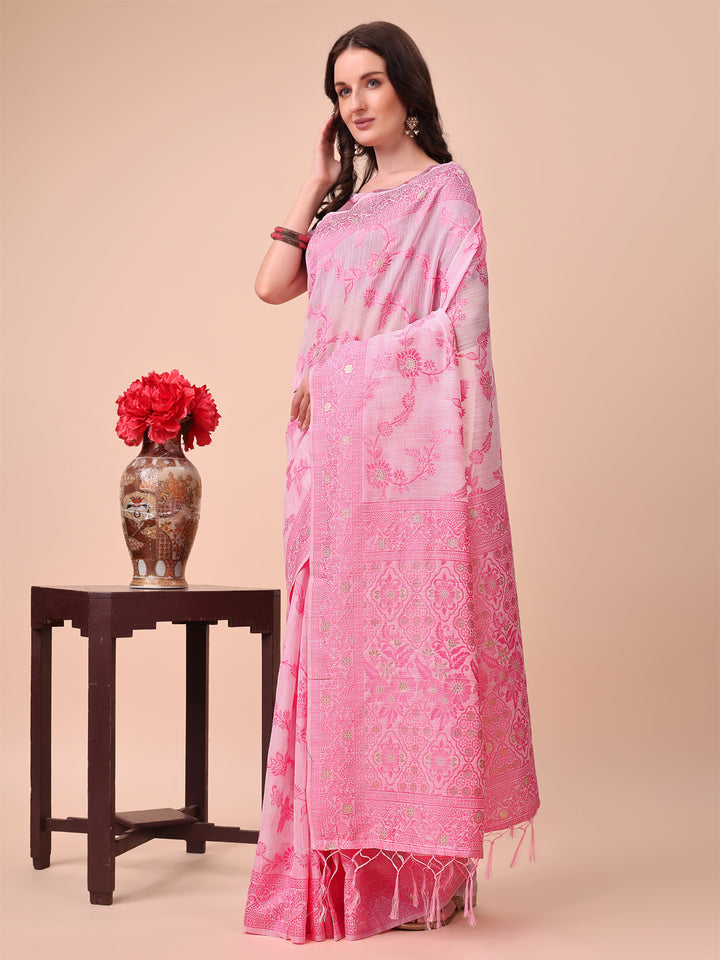 Pink Colour Cotton Printed Saree With Blouse Piece