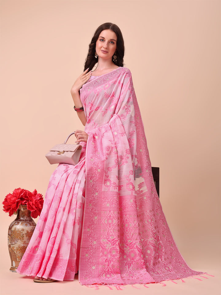 Pink Colour Cotton Printed Saree With Blouse Piece