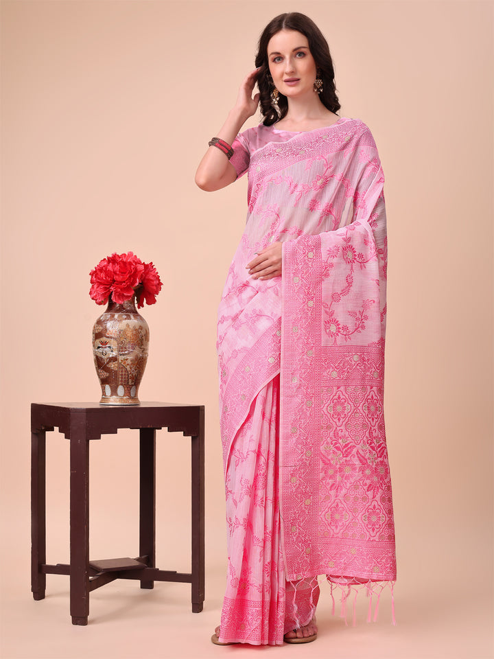 Pink Colour Cotton Printed Saree With Blouse Piece