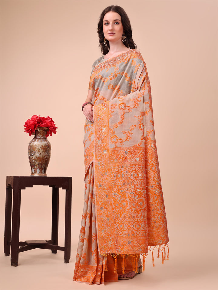 Orange Colour Cotton Printed Saree With Blouse Piece