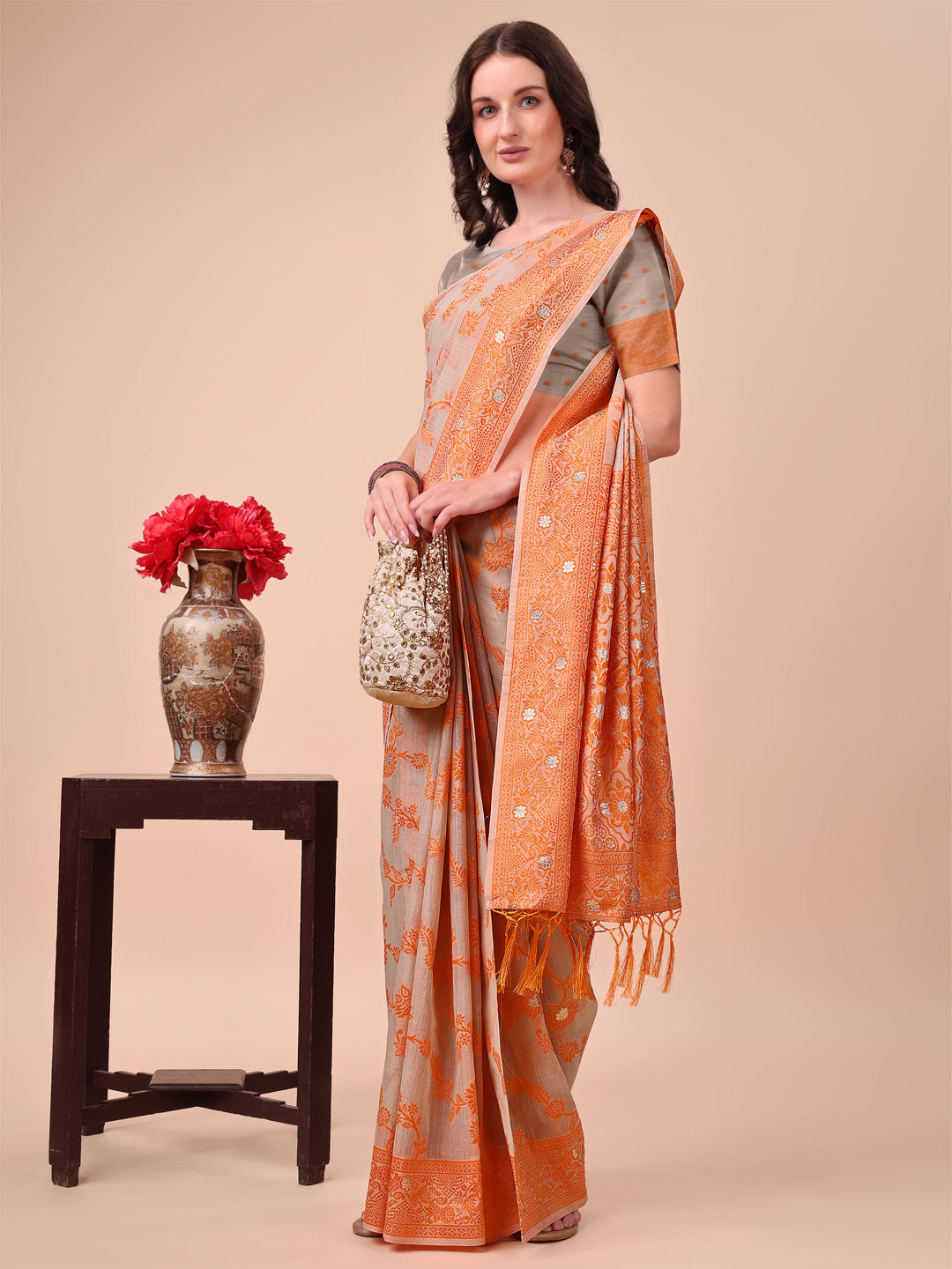 Orange Colour Cotton Printed Saree With Blouse Piece