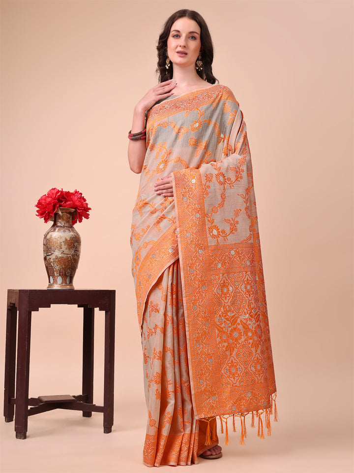 Orange Colour Cotton Printed Saree With Blouse Piece