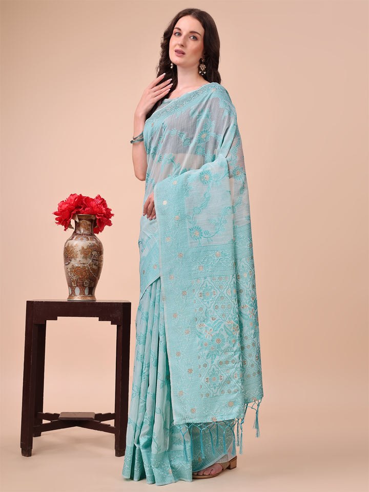 Sky Blue Colour Cotton Printed Saree With Blouse Piece