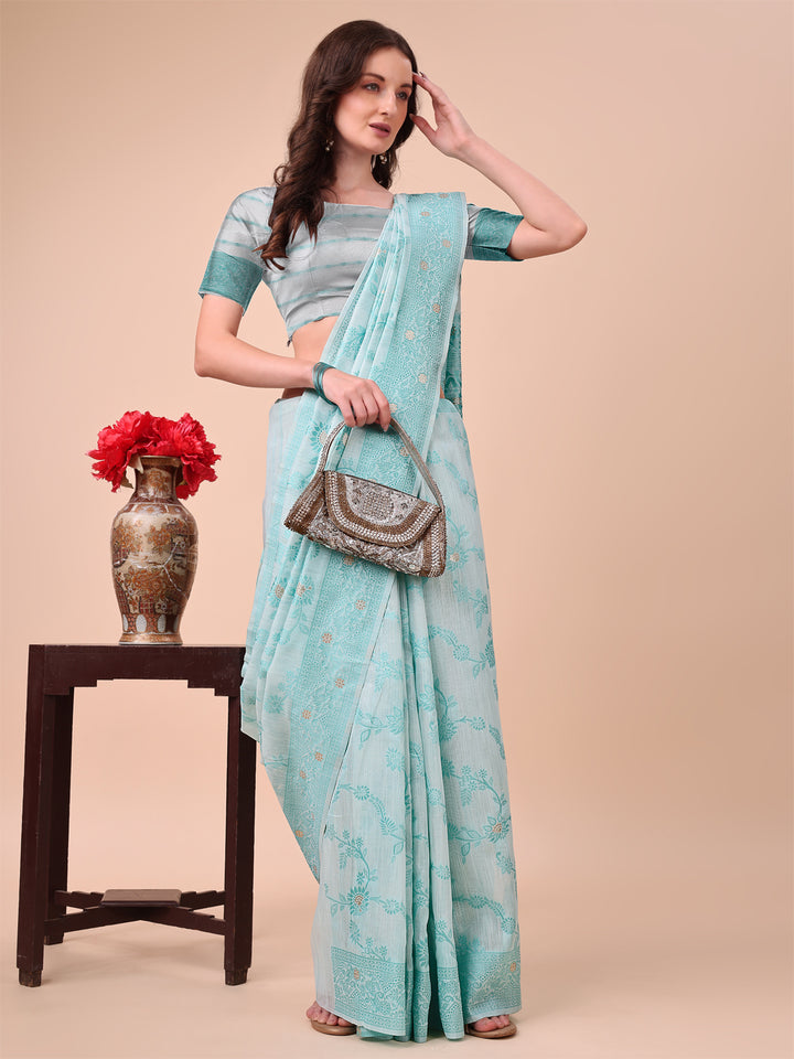 Sky Blue Colour Cotton Printed Saree With Blouse Piece