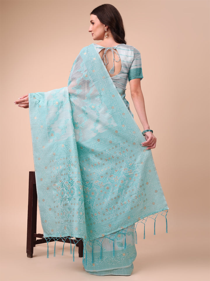 Sky Blue Colour Cotton Printed Saree With Blouse Piece